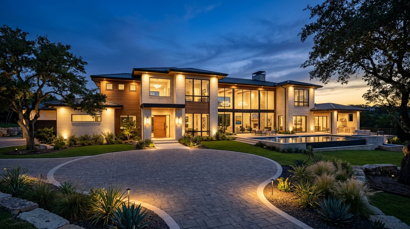 Luxury Texas Hill Country estate home at twilight
