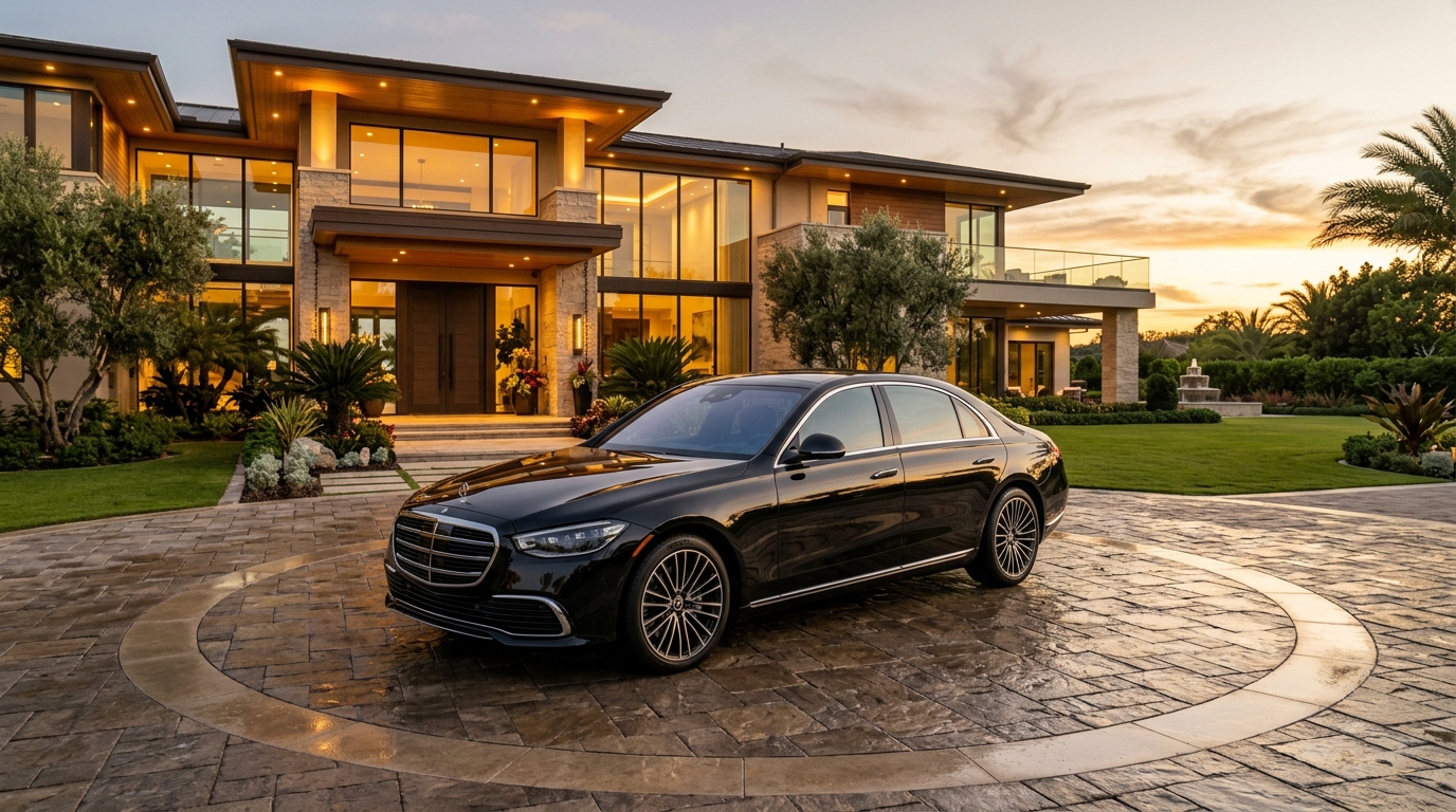 Brand new all-black Mercedes-Benz parked in front of a luxury estate